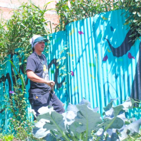 Luis Fernando Álvarez, who goes by the rapper name “A.K.A.,” works in a community garden his organization AgroArte has established in Comuna 13.